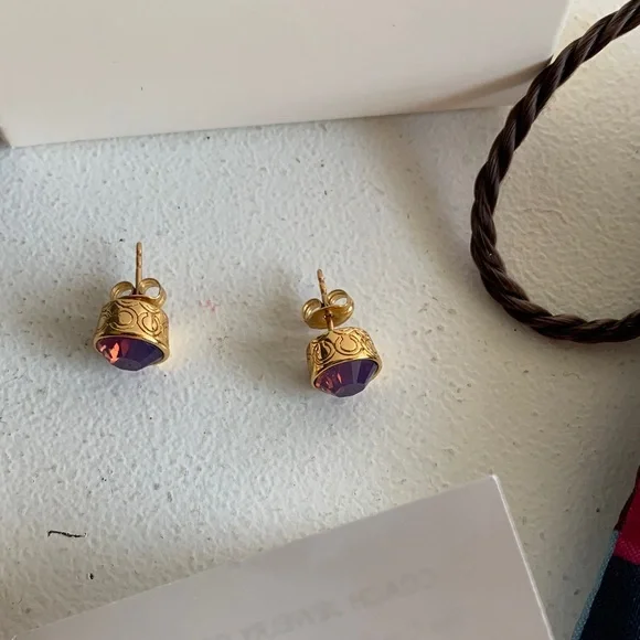 Coach Earrings Gold Tone and Purple Crystal/Glass Studs - Picture 3 of 17
